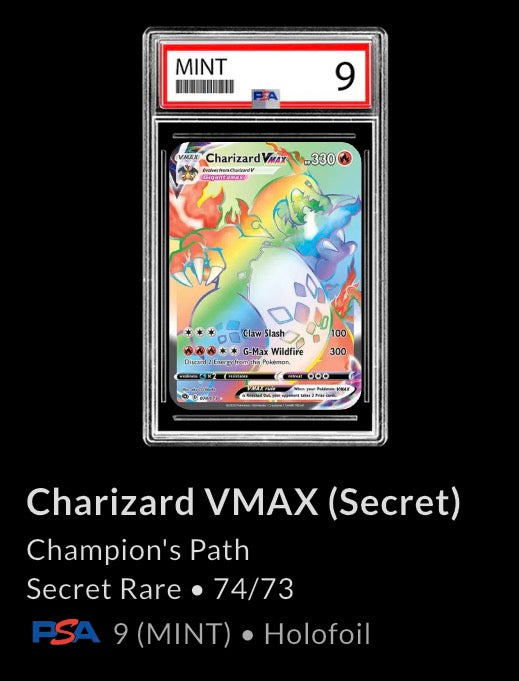 Pokemon Charizard VMAX Rainbow 74/73 : Champion's Path Secret Rare - PSA 9
