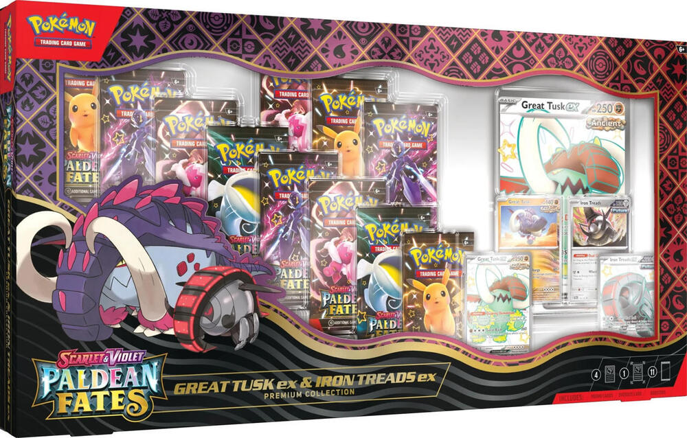 Paldean Fates Great Tusk ex & Iron Treads ex Premium Collection - SV: Paldean Fates